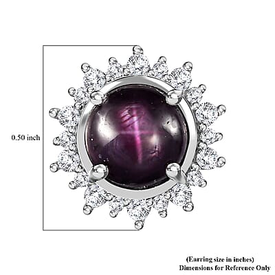 Indian Star Ruby and White Zircon Star Burst Earrings in Rhodium Over Sterling Silver 5.60 ctw