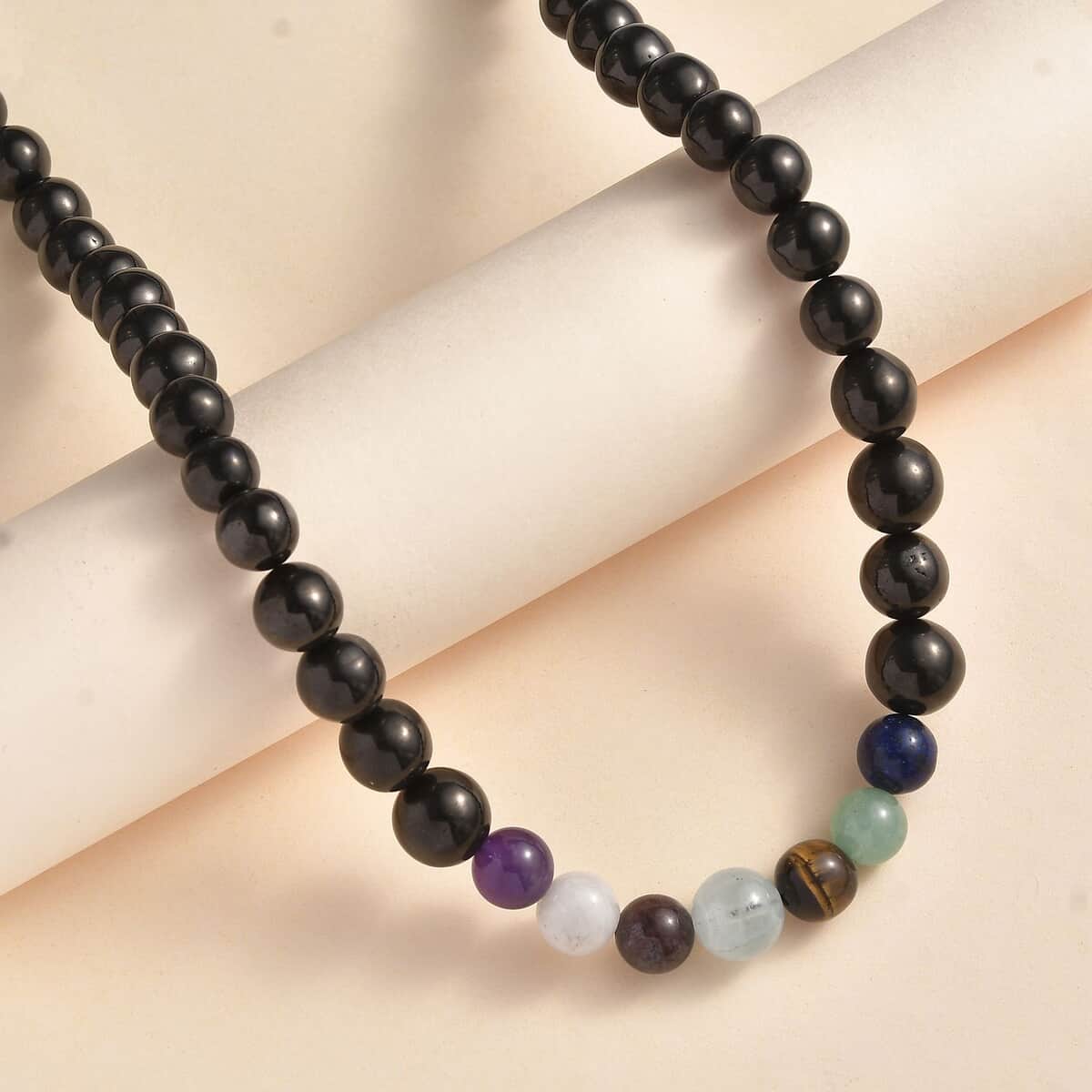 JCK Deal Elite Shungite with Multi Gemstone 7 Chakra Beaded Necklace 20 Inches in Rhodium Over Sterling Silver 156.50 ctw image number 1