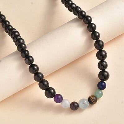 JCK Deal Elite Shungite with Multi Gemstone 7 Chakra Beaded Necklace 20 Inches in Rhodium Over Sterling Silver 156.50 ctw