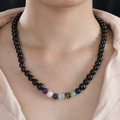 JCK Deal Elite Shungite with Multi Gemstone 7 Chakra Beaded Necklace 20 Inches in Rhodium Over Sterling Silver 156.50 ctw