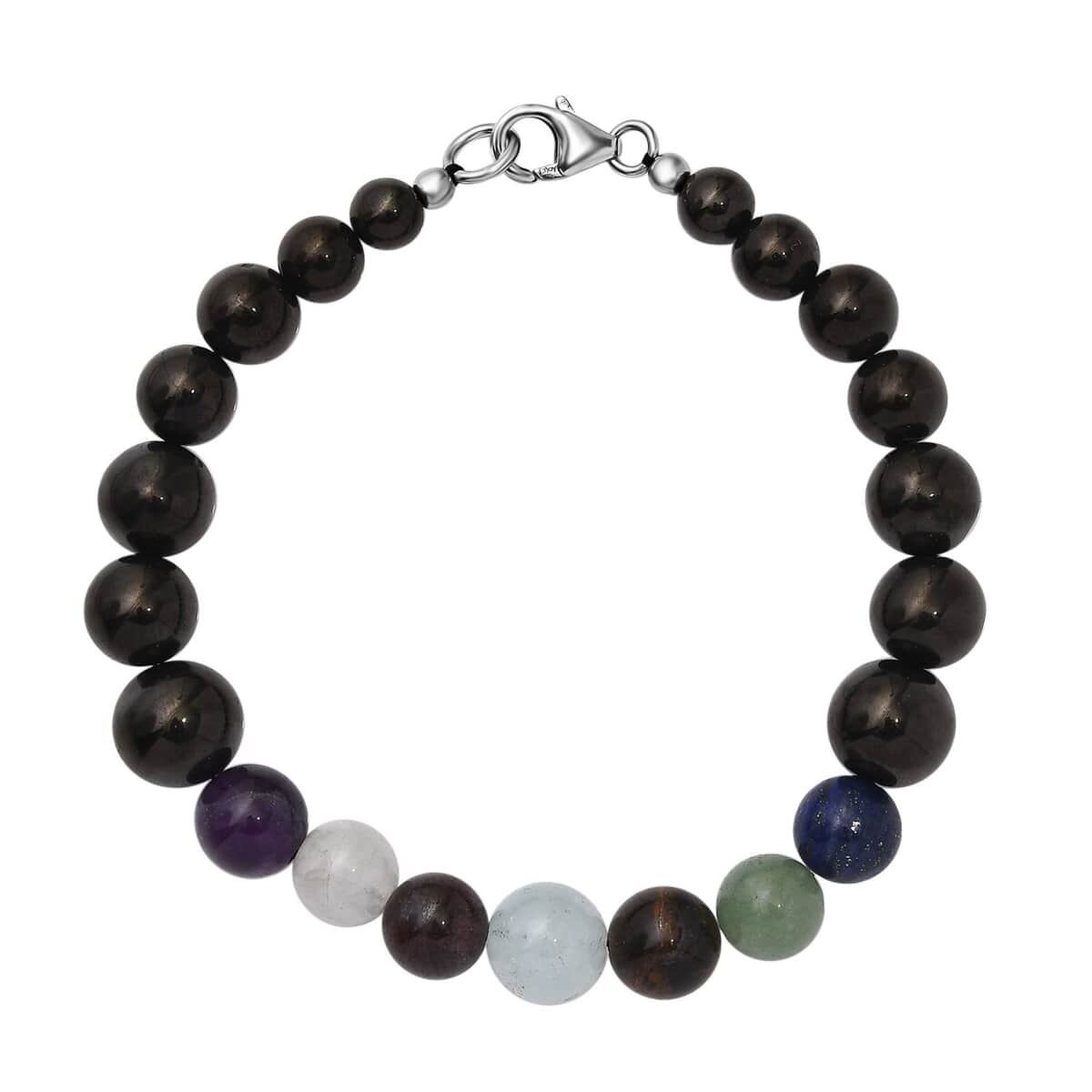 JCK Deal Elite Shungite with Multi Gemstone 7 Chakra Beaded Stretch Bracelet in Rhodium Over Sterling Silver 61.50 ctw image number 0