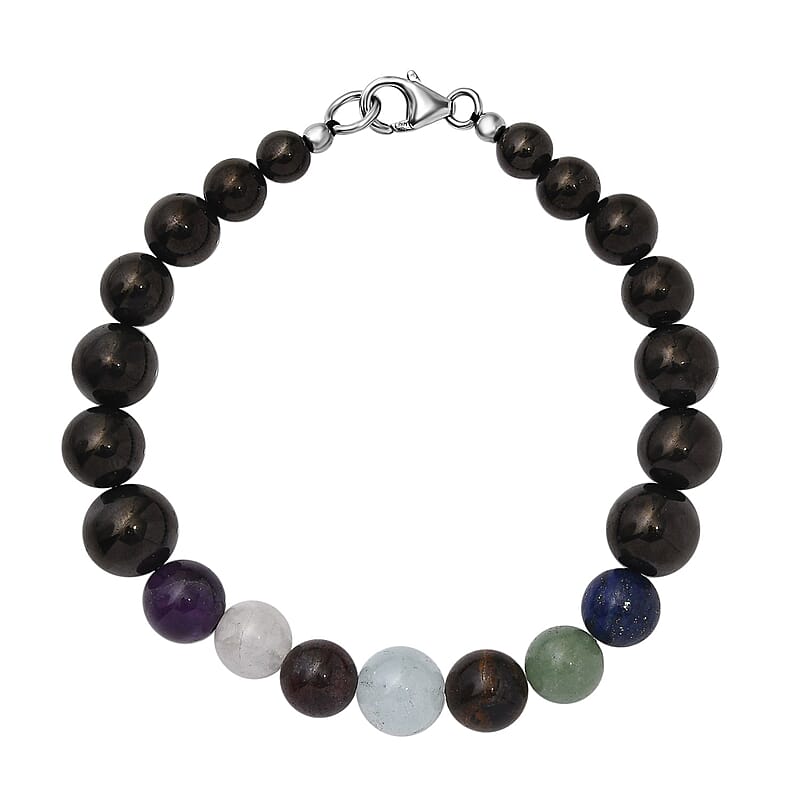 JCK Deal Elite Shungite with Multi Gemstone 7 Chakra Beaded Stretch Bracelet in Rhodium Over Sterling Silver 61.50 ctw