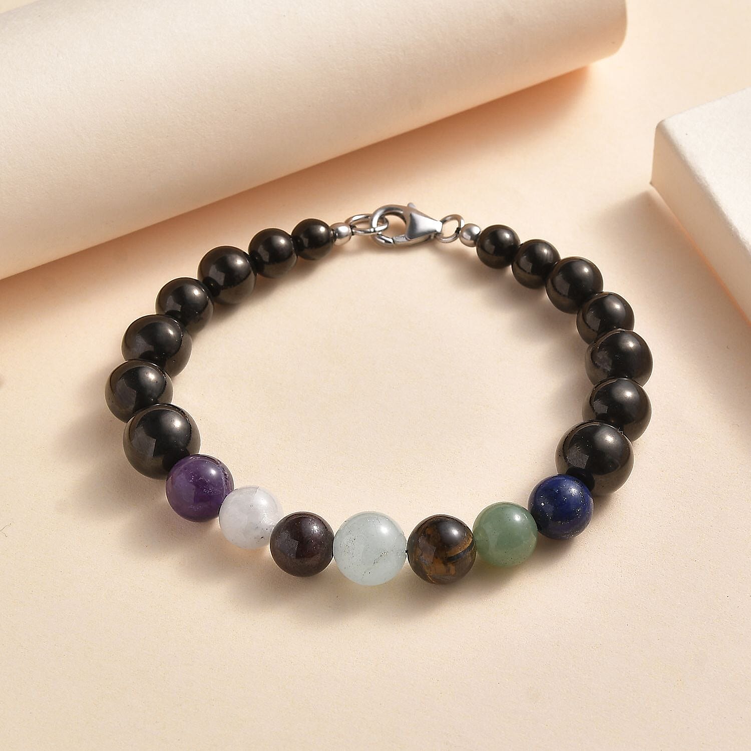 JCK Deal Elite Shungite with Multi Gemstone 7 Chakra Beaded Stretch Bracelet in Rhodium Over Sterling Silver 61.50 ctw