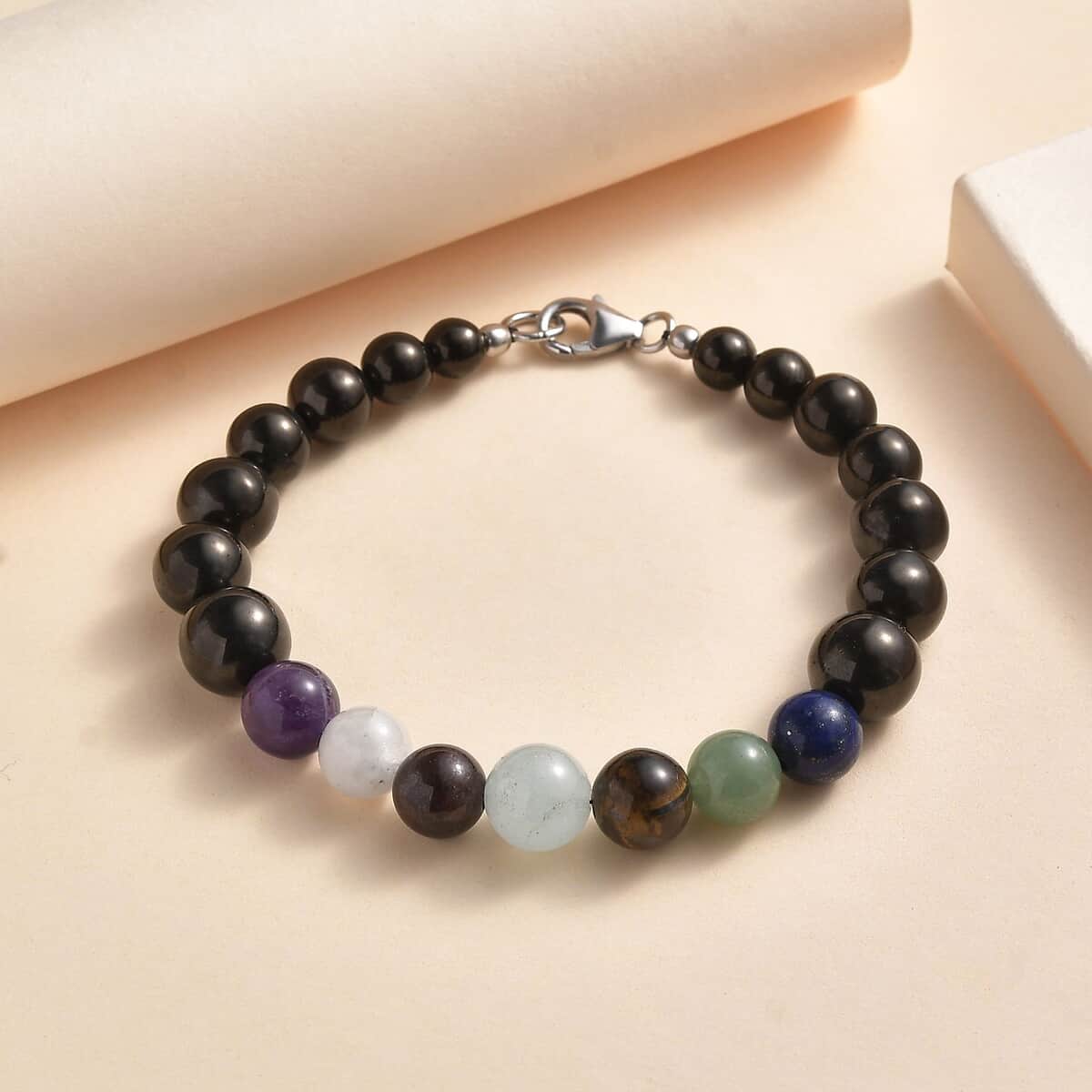 JCK Deal Elite Shungite with Multi Gemstone 7 Chakra Beaded Stretch Bracelet in Rhodium Over Sterling Silver 61.50 ctw image number 1