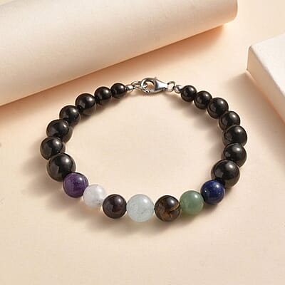JCK Deal Elite Shungite with Multi Gemstone 7 Chakra Beaded Stretch Bracelet in Rhodium Over Sterling Silver 61.50 ctw
