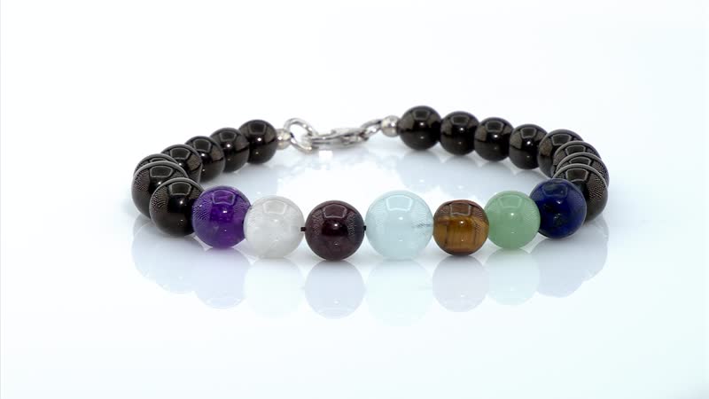 JCK Deal Elite Shungite with Multi Gemstone 7 Chakra Beaded Stretch Bracelet in Rhodium Over Sterling Silver 61.50 ctw