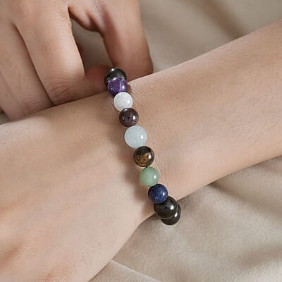 JCK Deal Elite Shungite with Multi Gemstone 7 Chakra Beaded Stretch Bracelet in Rhodium Over Sterling Silver 61.50 ctw