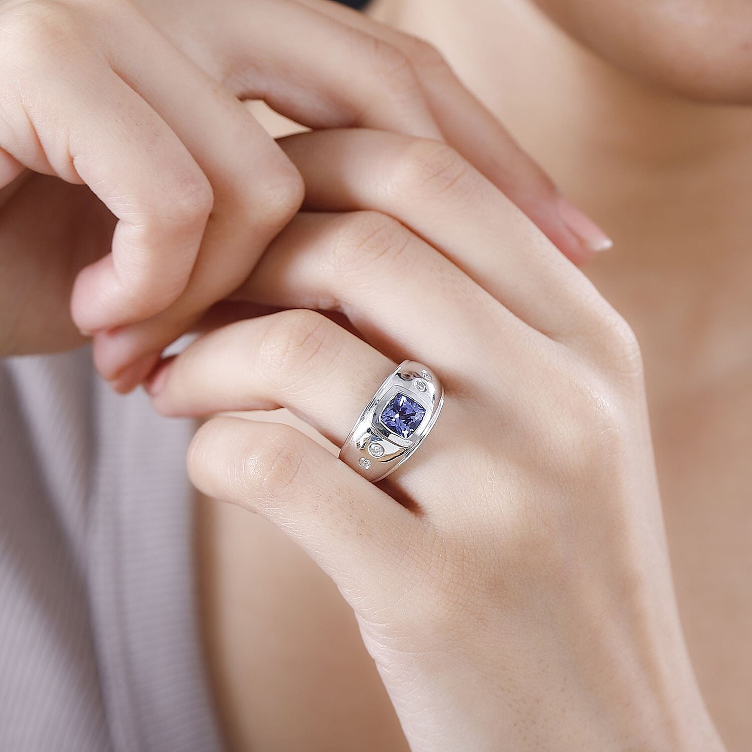 Tanzanite and Moissanite 1.82 ctw Ring in Rhodium Over Sterling Silver (Size 6.5)