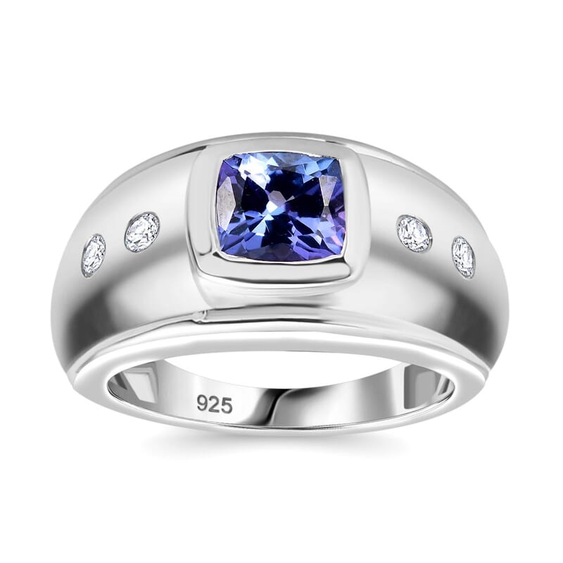 Tanzanite and Moissanite 1.82 ctw Ring in Rhodium Over Sterling Silver (Size 6.5)