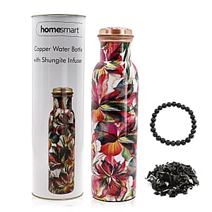 Homesmart Multi Color Floral Printed Copper Bottle (32 Oz) with Shungite Infuser and Beaded Stretch Bracelet