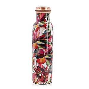 Homesmart Multi Color Floral Printed Copper Bottle (32 Oz) with Shungite Infuser and Beaded Stretch Bracelet