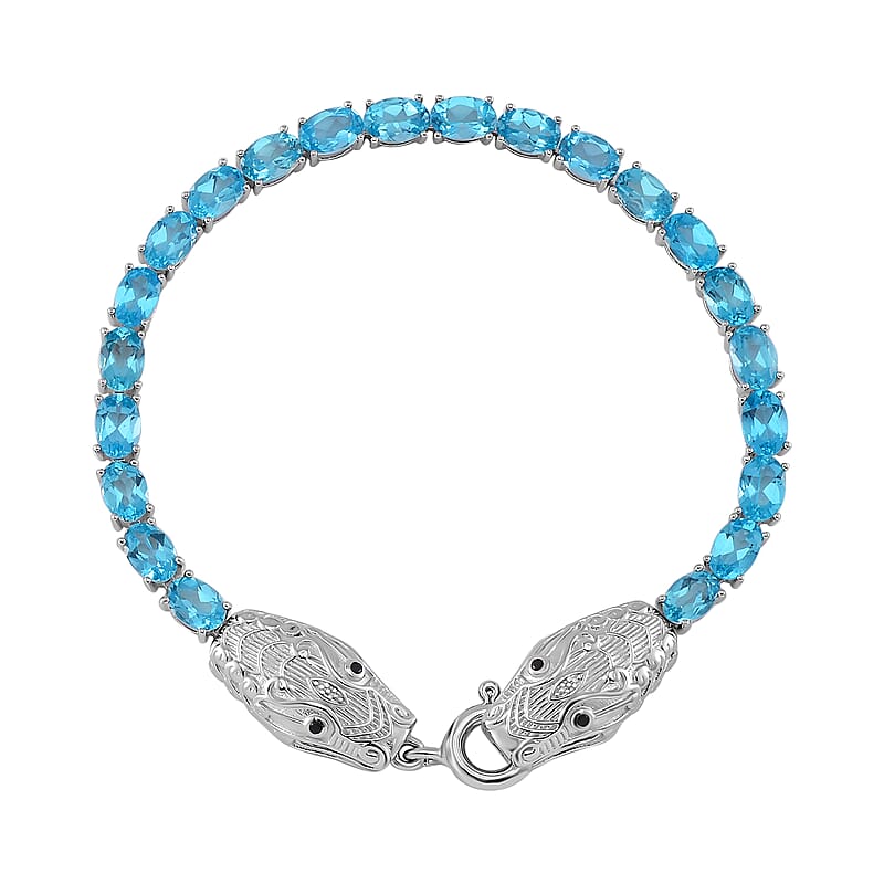 Betroka Blue Apatite and Thai Black Spinel 12.90 ctw Double Dragon Head Bracelet in Rhodium Over Sterling Silver (6.50 In)
