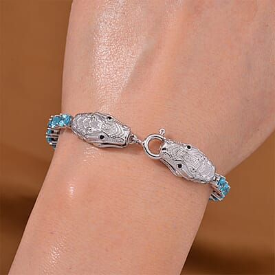 Betroka Blue Apatite and Thai Black Spinel 12.90 ctw Double Dragon Head Bracelet in Rhodium Over Sterling Silver (6.50 In)