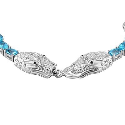 Betroka Blue Apatite and Thai Black Spinel 12.90 ctw Double Dragon Head Bracelet in Rhodium Over Sterling Silver (6.50 In)