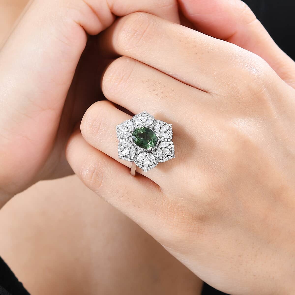 Andranomaro Green Apatite and Moissanite Flower Ring in Rhodium Over Sterling Silver (Size 6.0) 4.10 ctw image number 2