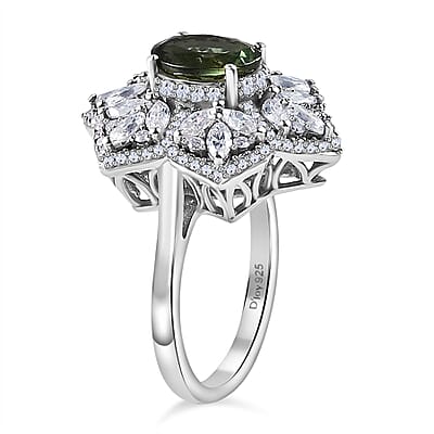 Andranomaro Green Apatite and Moissanite Flower Ring in Rhodium Over Sterling Silver (Size 6.0) 4.10 ctw