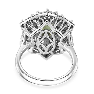 Andranomaro Green Apatite and Moissanite Flower Ring in Rhodium Over Sterling Silver (Size 6.0) 4.10 ctw