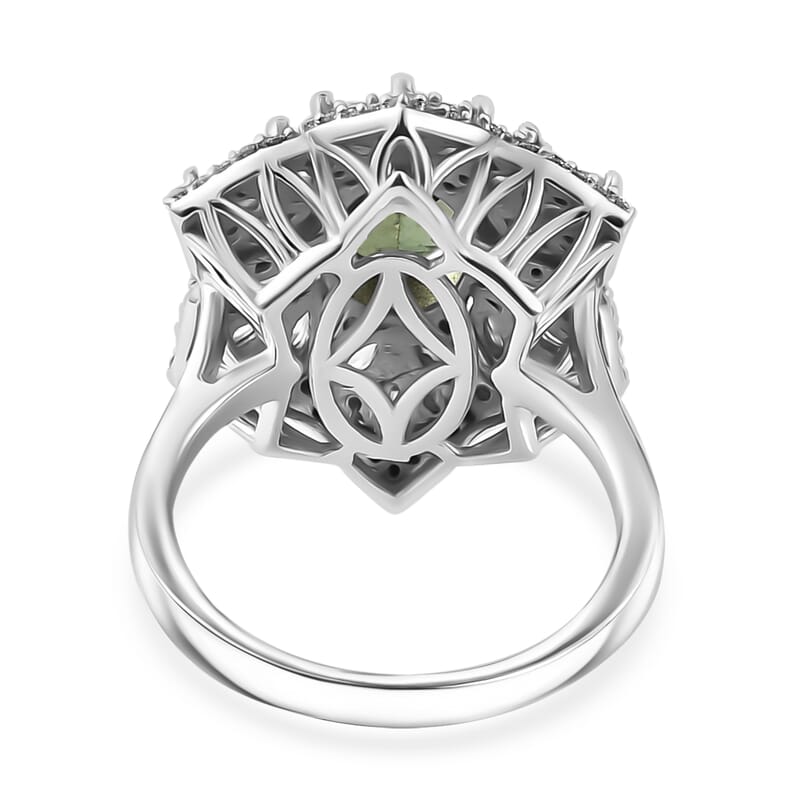 Andranomaro Green Apatite and Moissanite Flower Ring in Rhodium Over Sterling Silver (Size 6.0) 4.10 ctw
