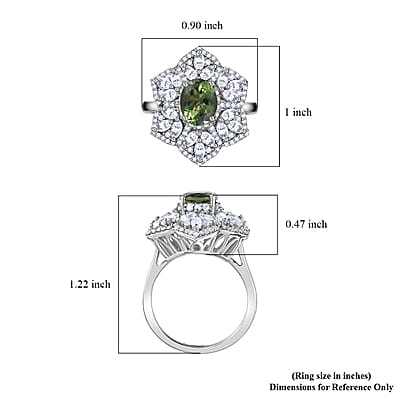 Andranomaro Green Apatite and Moissanite Flower Ring in Rhodium Over Sterling Silver (Size 6.0) 4.10 ctw