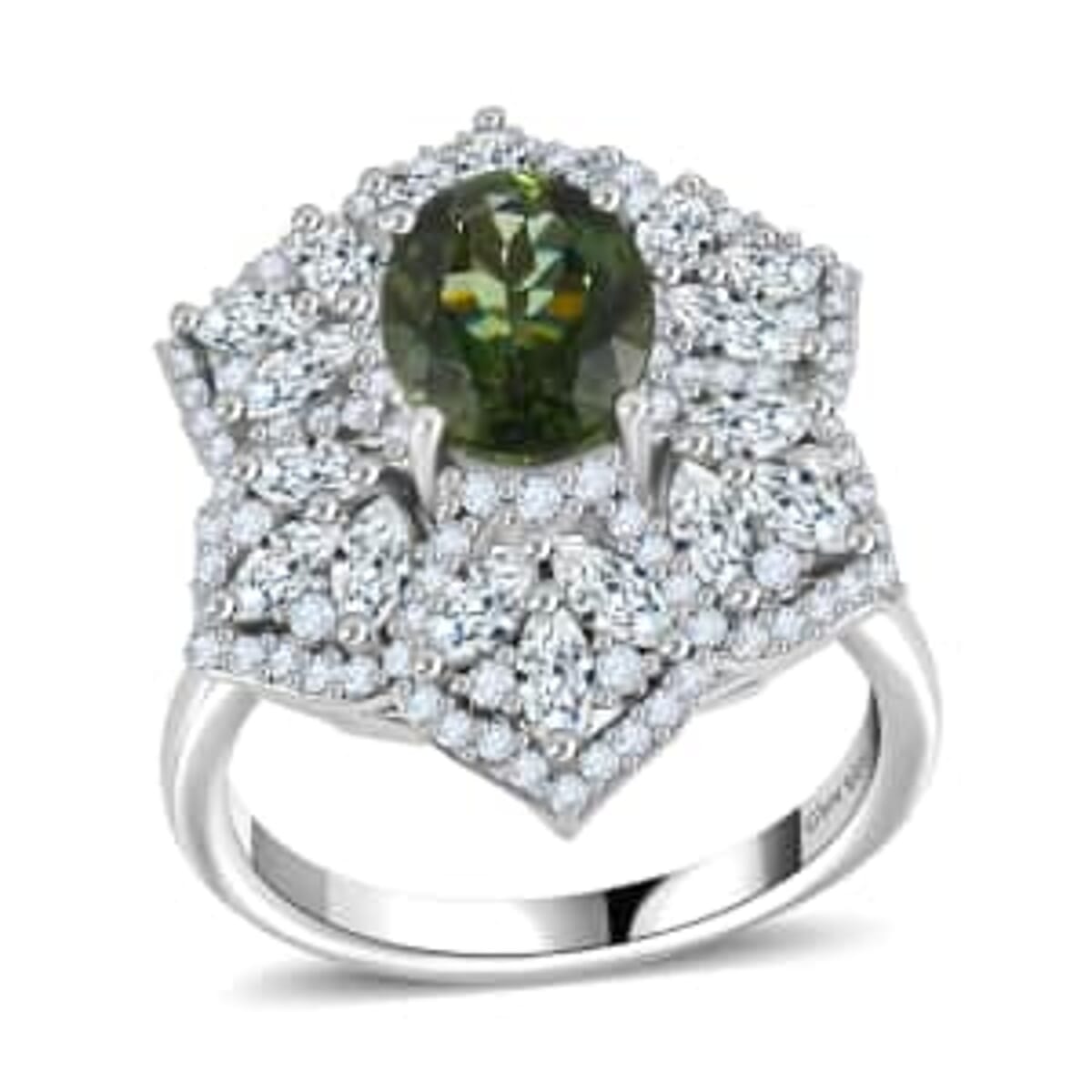 Andranomaro Green Apatite and Moissanite Flower Ring in Rhodium Over Sterling Silver (Size 10.0) 4.10 ctw image number 0