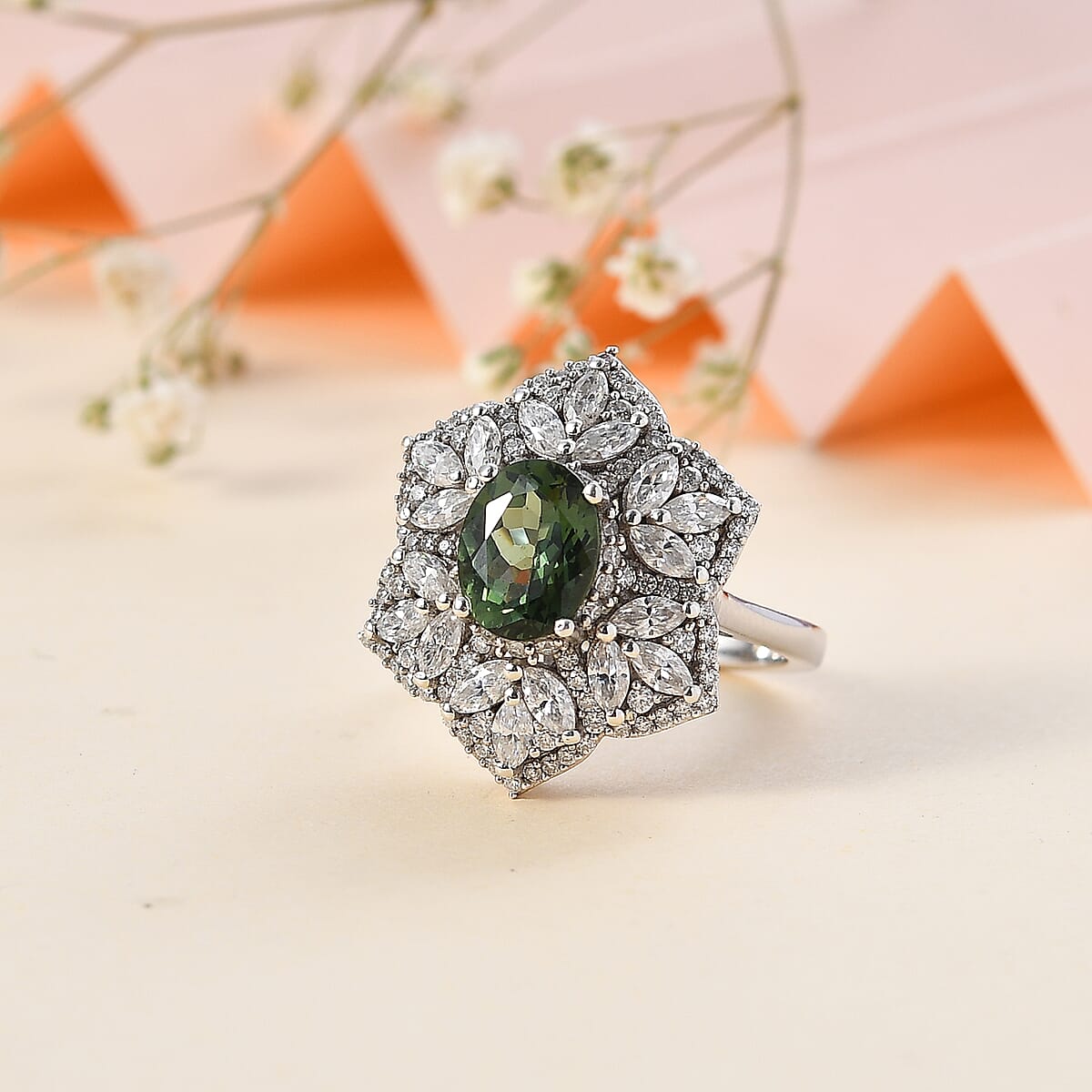 Andranomaro Green Apatite and Moissanite Flower Ring in Rhodium Over Sterling Silver (Size 10.0) 4.10 ctw image number 1