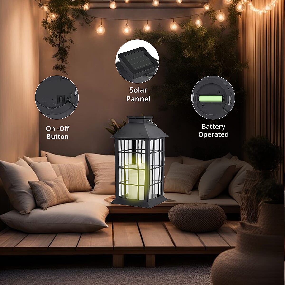 Black Solar Column Pattern Rechargeable Hanging LED Lantern image number 6