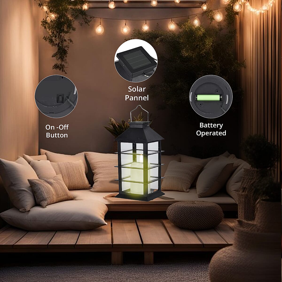 Black Solar Row Pattern Rechargeable Hanging LED Lantern image number 6