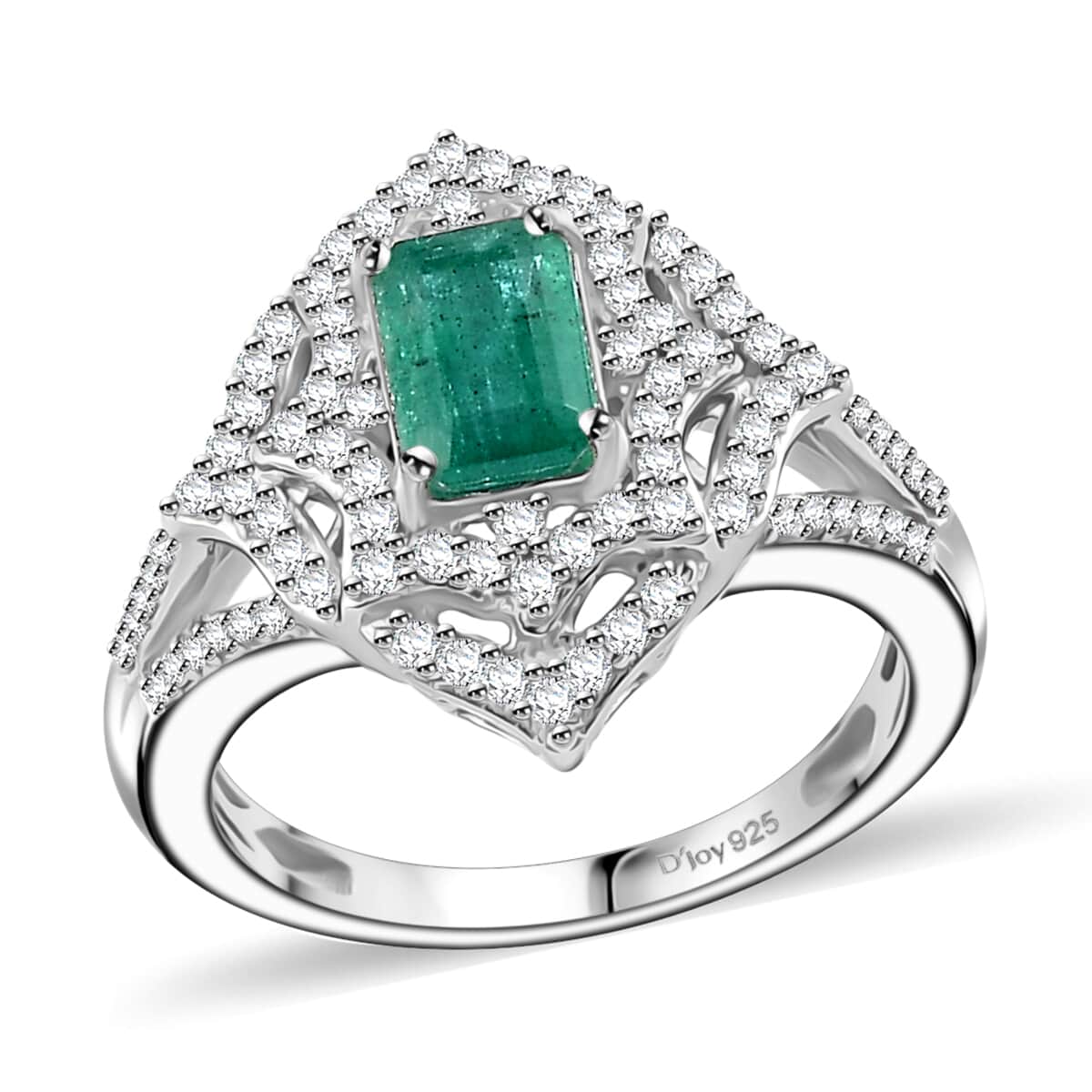 Premium Kagem Zambian Emerald and White Zircon Ring in Rhodium Over Sterling Silver (Size 9.0) 1.75 ctw image number 0