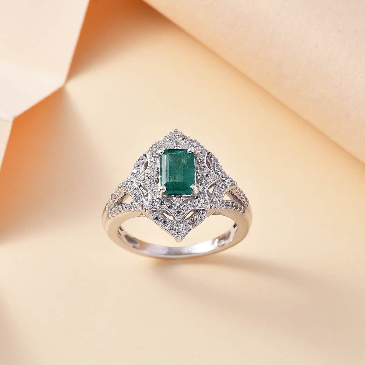 Premium Kagem Zambian Emerald and White Zircon Ring in Rhodium Over Sterling Silver (Size 9.0) 1.75 ctw image number 1