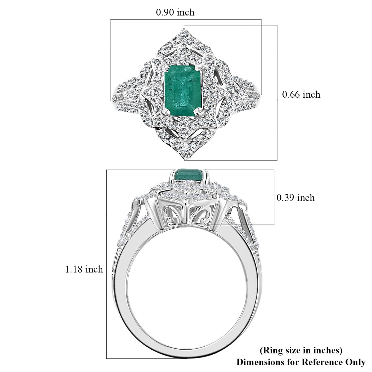 Premium Kagem Zambian Emerald and White Zircon Ring in Rhodium Over Sterling Silver (Size 9.0) 1.75 ctw image number 5