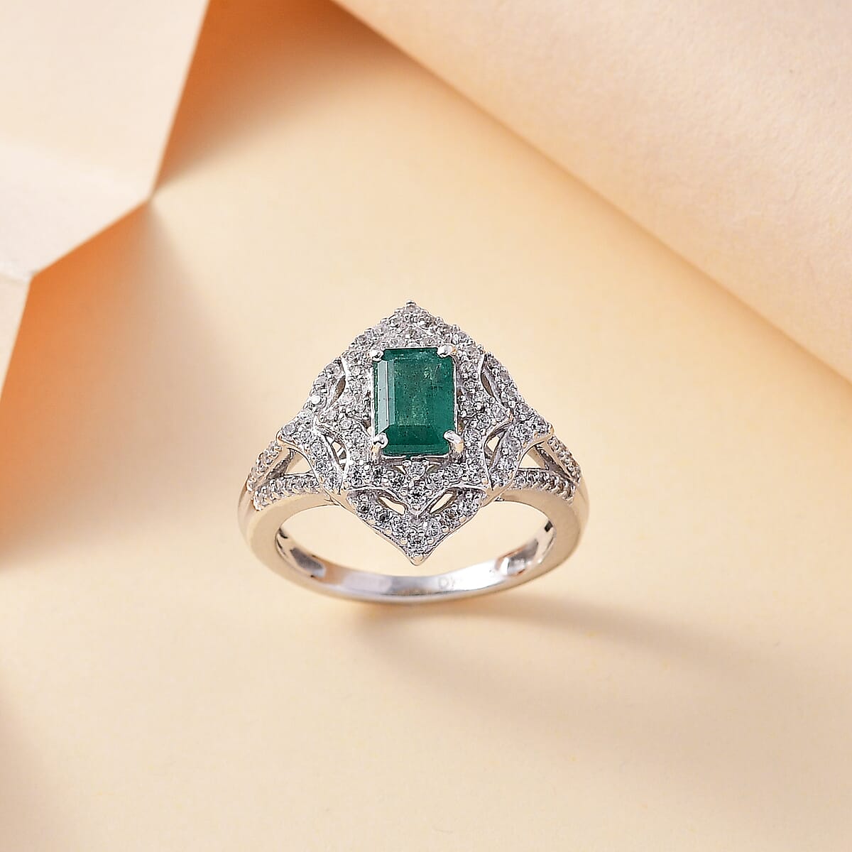 Premium Kagem Zambian Emerald and White Zircon Ring in Rhodium Over Sterling Silver (Size 10.0) 1.75 ctw image number 1