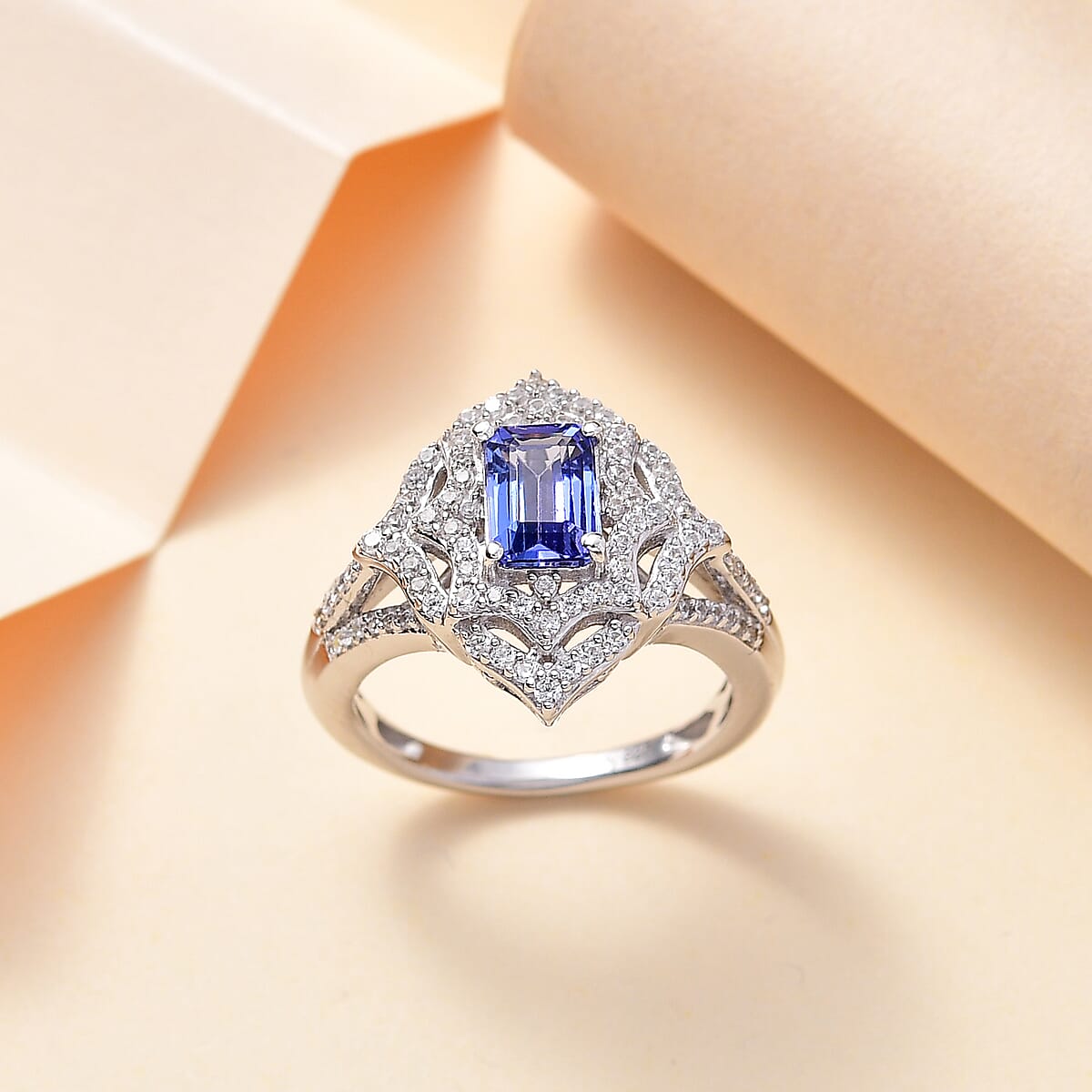 Premium Tanzanite and White Zircon Ring in Rhodium Over Sterling Silver (Size 9.0) 1.85 ctw image number 1