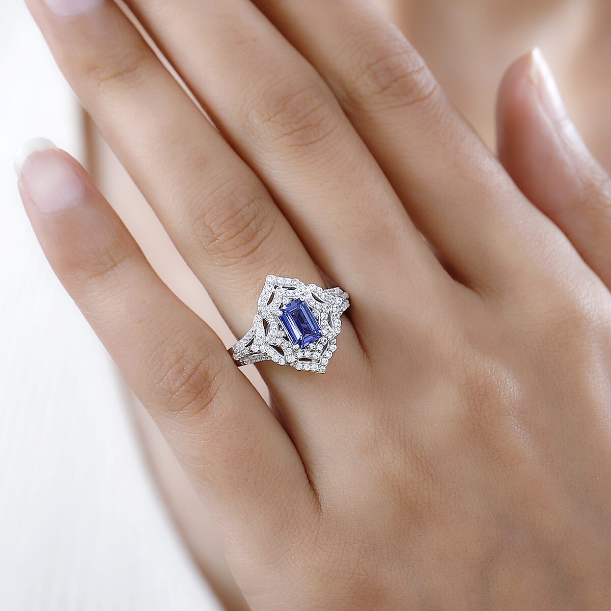 Premium Tanzanite and White Zircon Ring in Rhodium Over Sterling Silver (Size 9.0) 1.85 ctw image number 2
