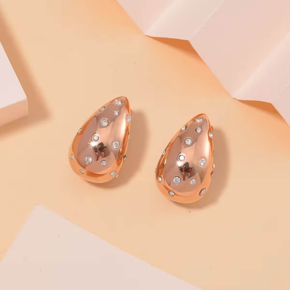 Raindrop Earrings in 18Kt Rose Gold over Hypoallergenic Stainless Steel and Simulated Diamonds image number 1