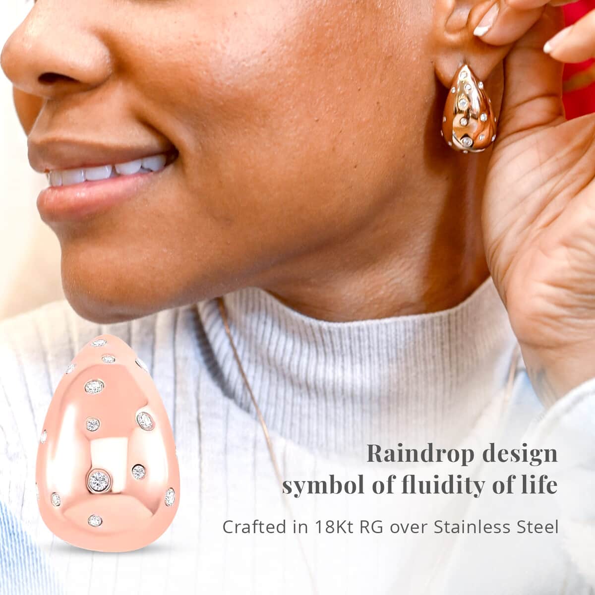 Raindrop Earrings in 18Kt Rose Gold over Hypoallergenic Stainless Steel and Simulated Diamonds image number 3