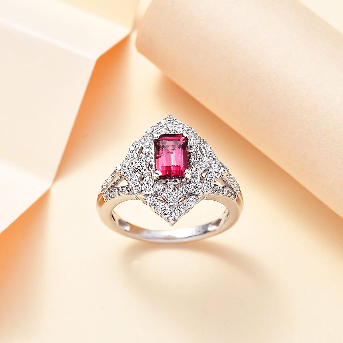 Premium Ofiki Rubellite and White Zircon Ring in Rhodium Over Sterling Silver (Size 10.0) 1.85 ctw image number 1