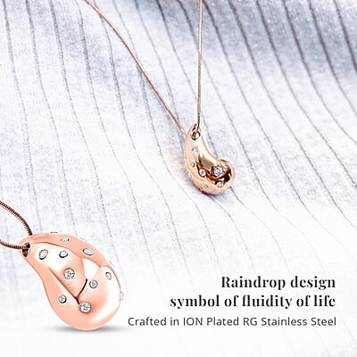 Raindrop Pendant Necklace in 18Kt Rose Gold over Hypoallergenic Stainless Steel and Simulated Diamonds