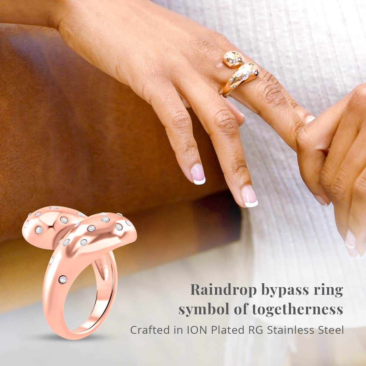 Raindrop Ring in 18Kt Rose Gold over Hypoallergenic Stainless Steel and Simulated Diamonds (Size 6.0) 0.60 ctw image number 3