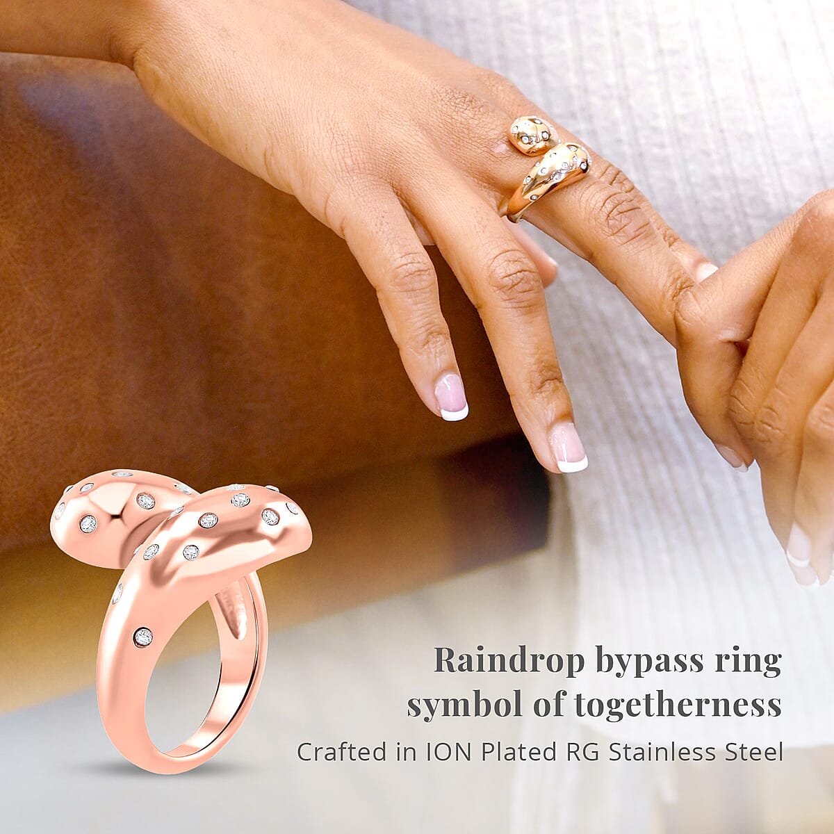 Raindrop Ring in 18Kt Rose Gold over Hypoallergenic Stainless Steel and Simulated Diamonds (Size 10.0) 0.60 ctw image number 3