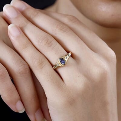 Tanzanite and White Zircon 0.47 ctw Ring in Vermeil Yellow Gold Over Sterling Silver (Size 8)