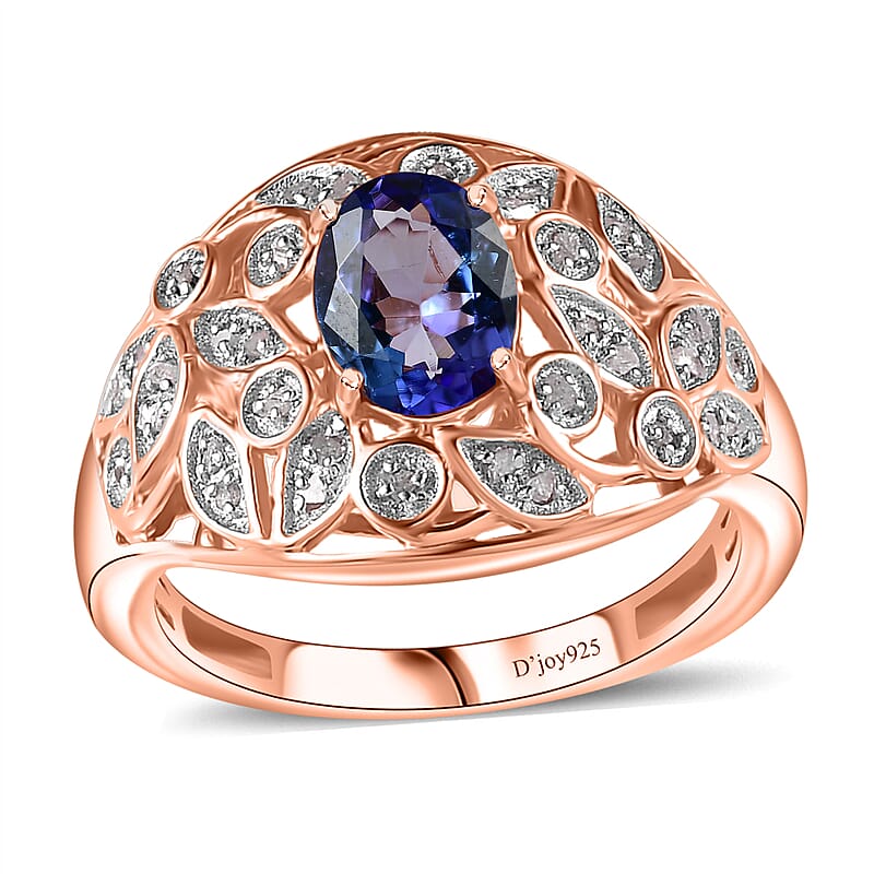 D'Joy Tanzanite and Uncut Natural Pink Diamond 1.60 Ctw Botanical Bliss Ring in 18K Vermeil Rose Gold Over Sterling Silver (Size 7.0)