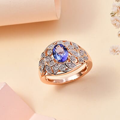 D'Joy Tanzanite and Uncut Natural Pink Diamond 1.60 Ctw Botanical Bliss Ring in 18K Vermeil Rose Gold Over Sterling Silver (Size 7.0)