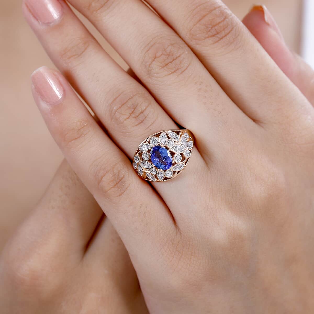 Tanzanite and Uncut Natural Pink Diamond 1.60 Ctw Botanical Bliss Ring in 18K Vermeil Rose Gold Over Sterling Silver (Size 7.0) image number 2