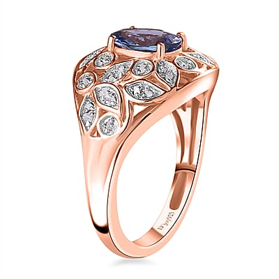 D'Joy Tanzanite and Uncut Natural Pink Diamond 1.60 Ctw Botanical Bliss Ring in 18K Vermeil Rose Gold Over Sterling Silver (Size 7.0)