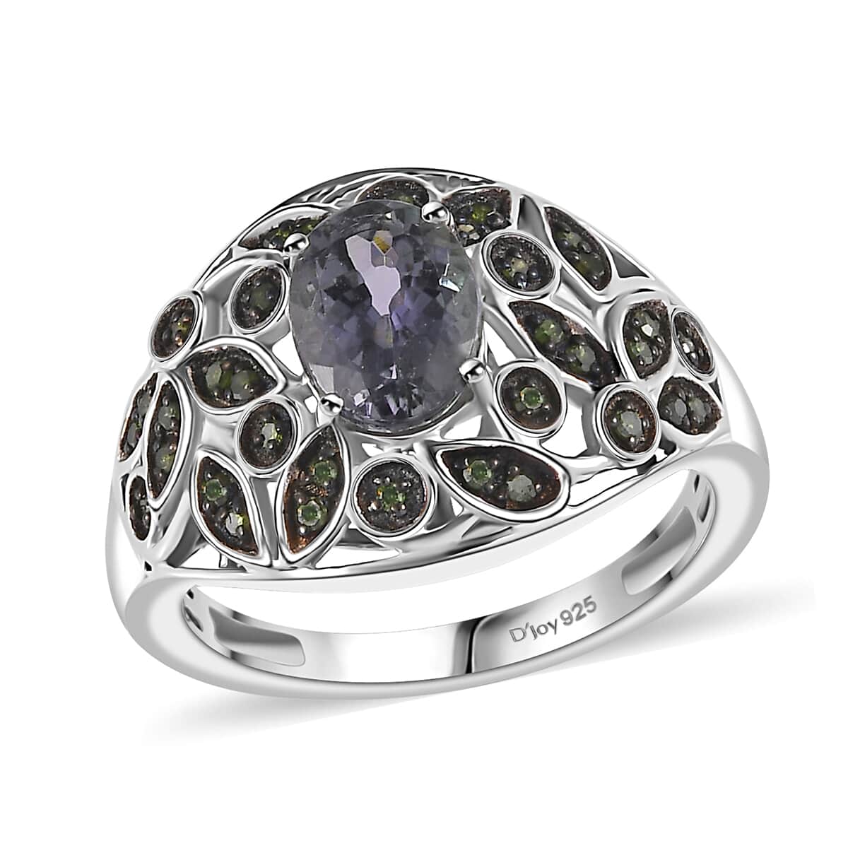 Peacock Tanzanite and Uncut Green Diamond 1.80 ctw Botanical Bliss Ring in Rhodium Over Sterling Silver (Size 7.0) image number 0