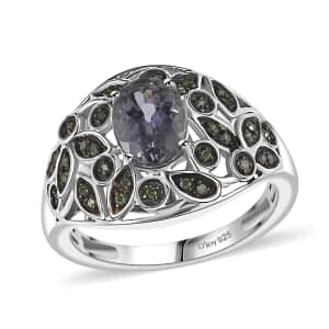 Peacock Tanzanite and Uncut Green Diamond 1.80 ctw Botanical Bliss Ring in Rhodium Over Sterling Silver (Size 7.0)