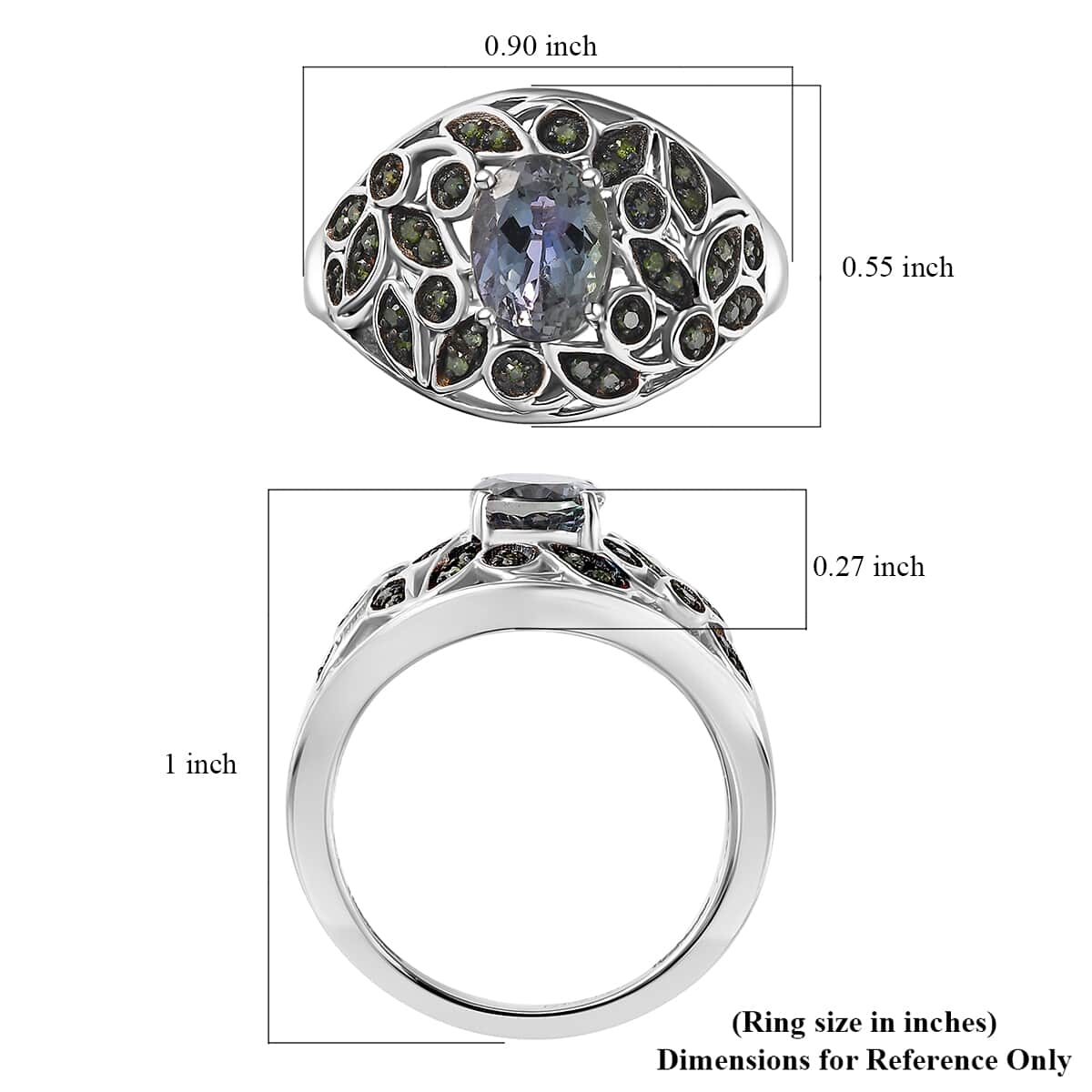 Peacock Tanzanite and Uncut Green Diamond 1.80 ctw Botanical Bliss Ring in Rhodium Over Sterling Silver (Size 7.0) image number 5