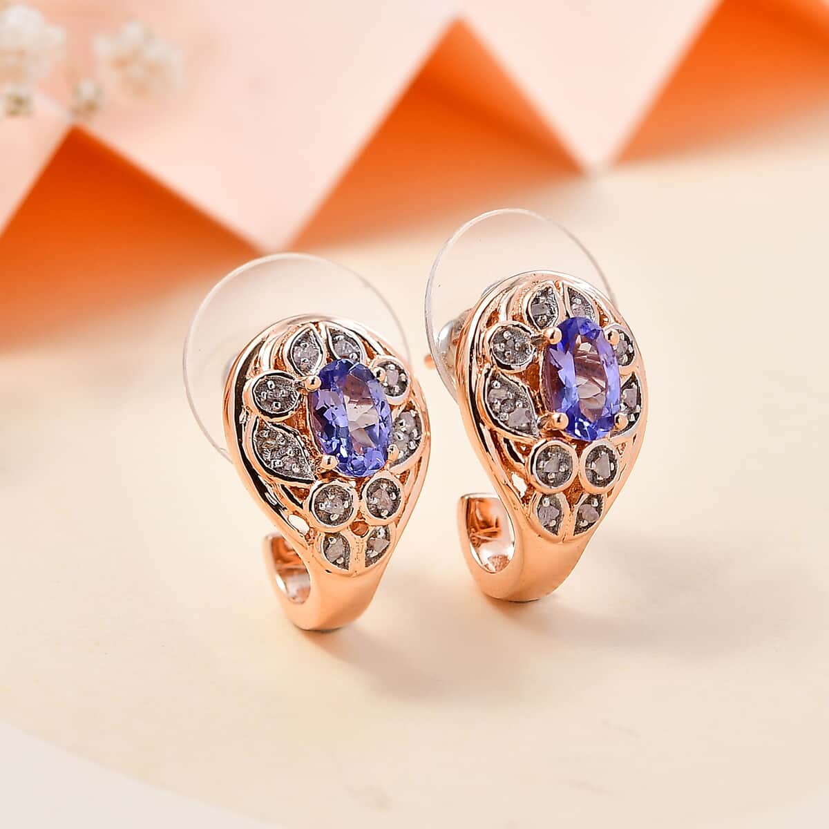 Tanzanite and Uncut Natural Pink Diamond 1.05 ctw J-Hoop Earrings in 18K Vermeil Rose Gold Over Sterling Silver image number 1