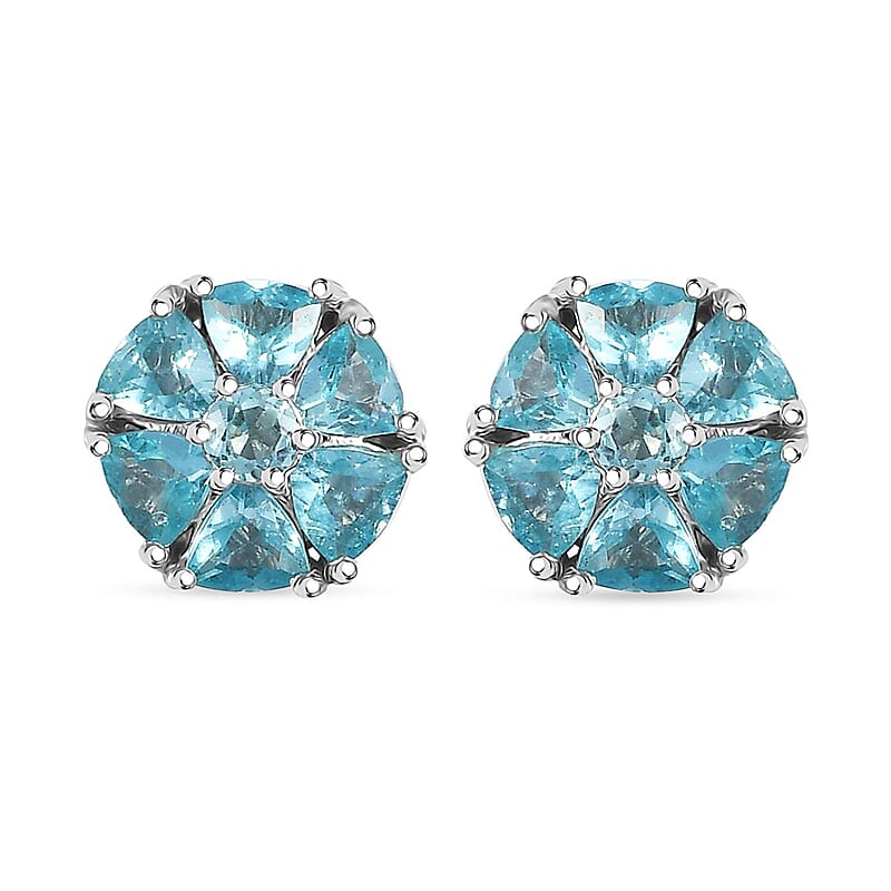 Betroka Blue Apatite 1.75 ctw Flower Stud Earrings in Rhodium Over Sterling Silver