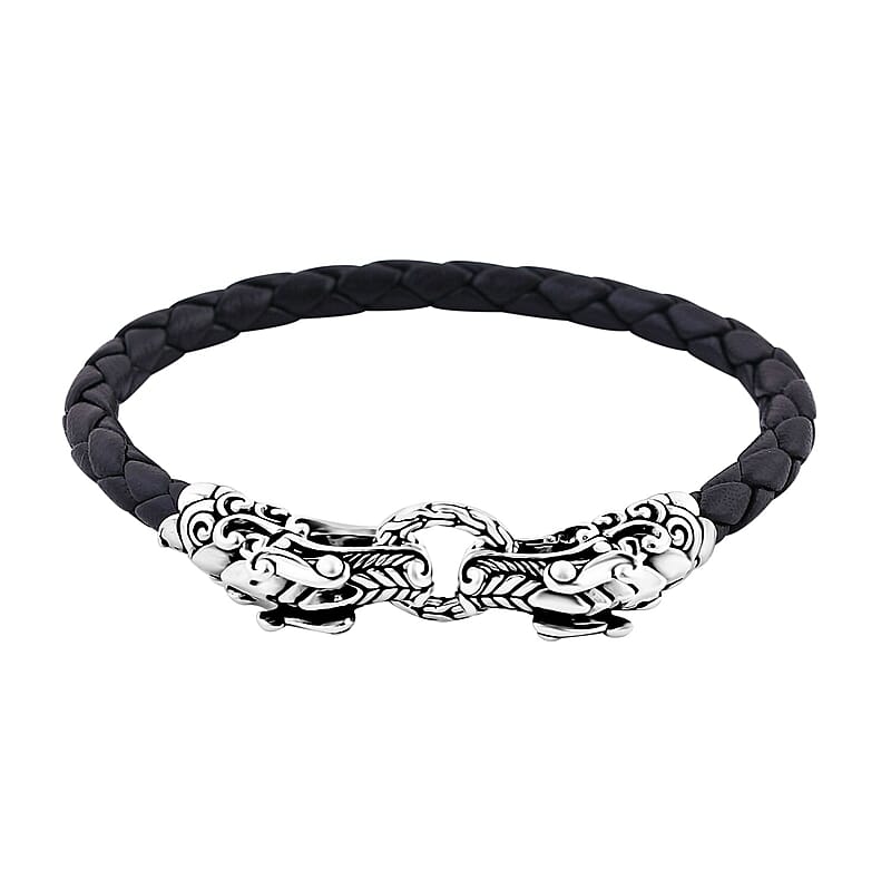 Bali Legacy Dragon Bracelet in Sterling Silver and Leather Cord (6.50 In)